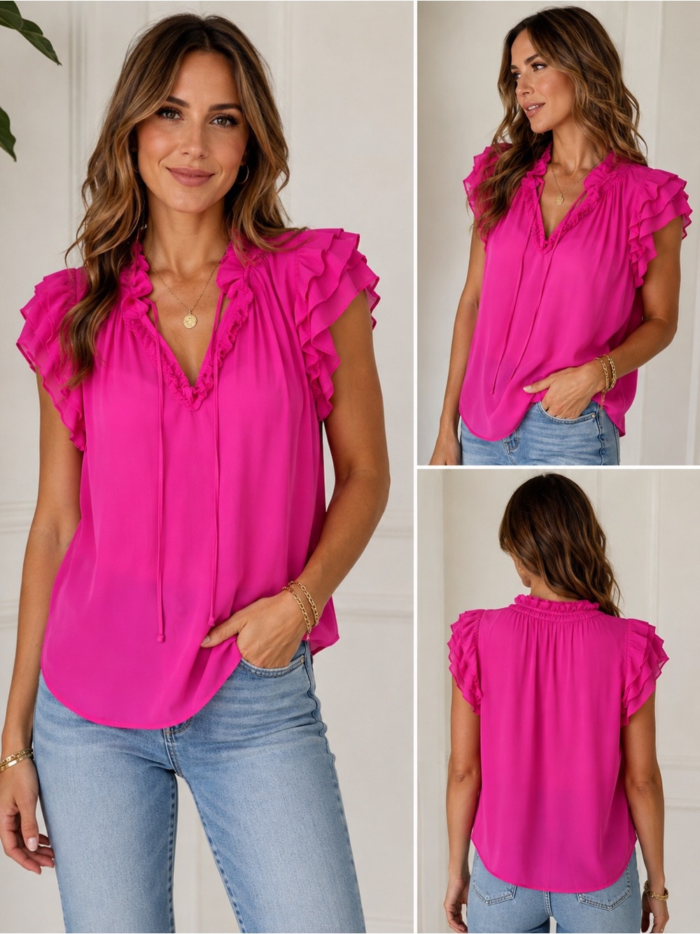 Generation Love Fuchsia Pink Ruffle Tie Neck Blouse Top XS Like New